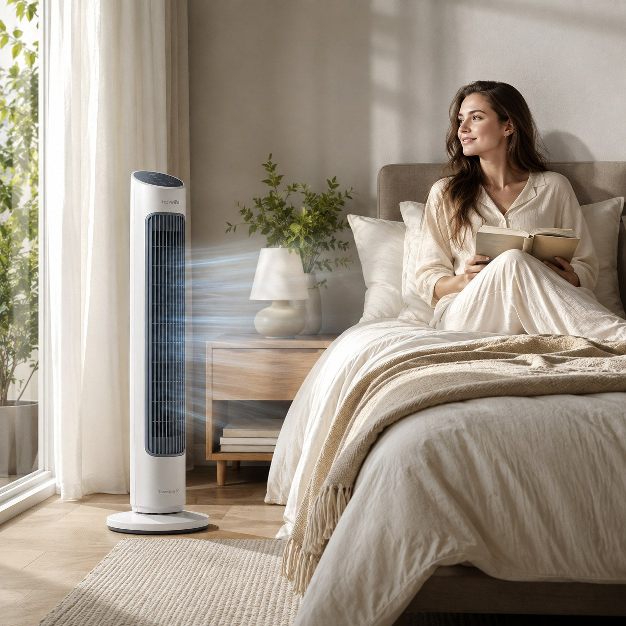 mavelilo® tower fan beside a bright bedroom setting